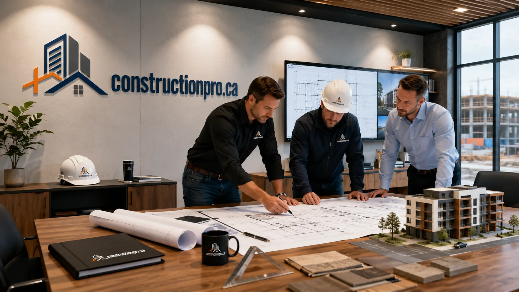 Équipe de construction et plans sur un chantier