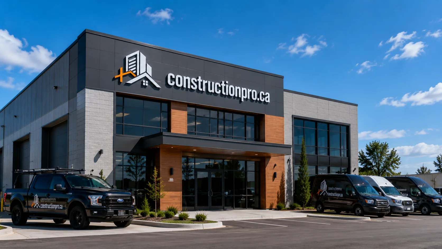 Camions d'entrepreneur devant un bâtiment en construction